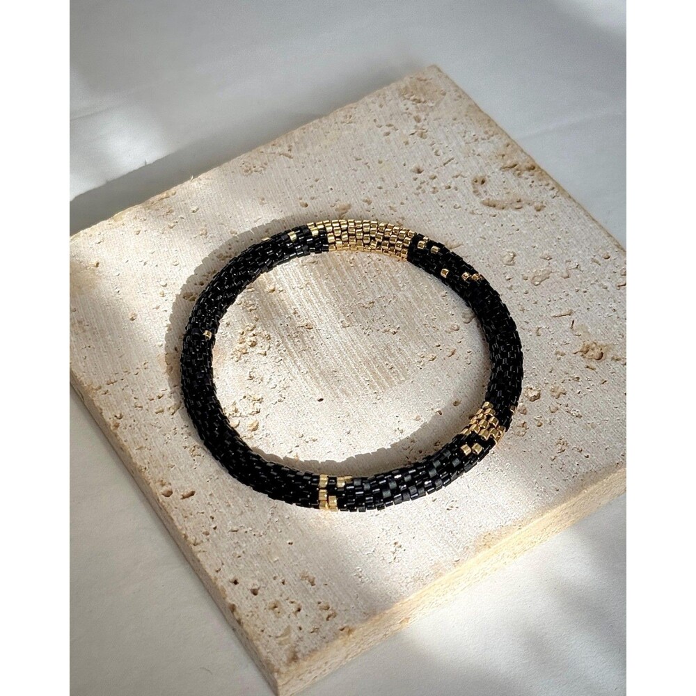 Handmade Miyuki Seed Bead Bracelet - Black & 24k Gold - Crochet Rope